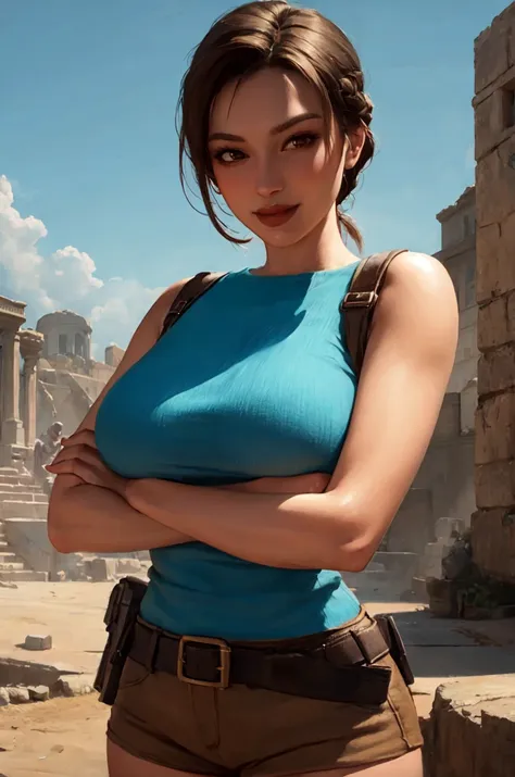 Lara Croft, teal sweater, brown shorts, crossed arms, smile, upper body, parted lips, large breasts, archeology background, masterpiece, best quality, straps, single braid, 