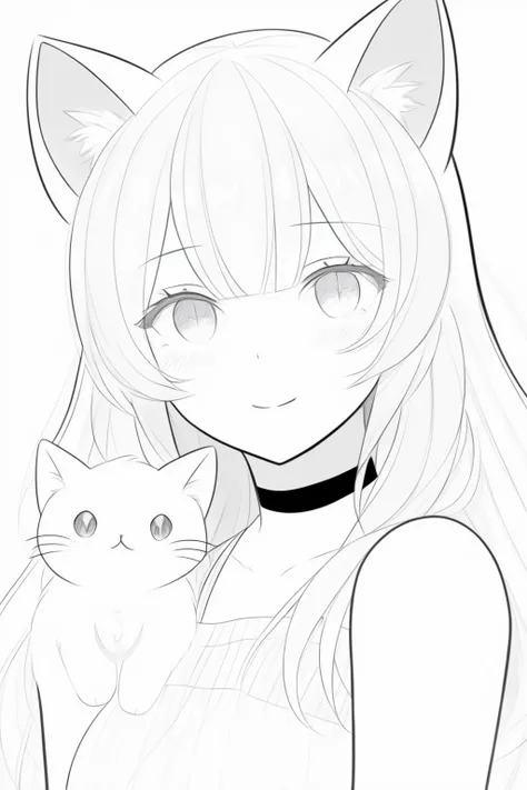 aesthetic, high quality, newest, 1girl, solo, looking at viewer, blush, slight smile, cat ears, monochrome,