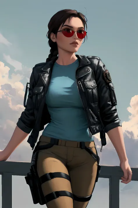 lara croft, single braid, aviator jacket,red tinted sunglasses, sky, looking up, brown pants, thigh holster, masterpiece, best q...