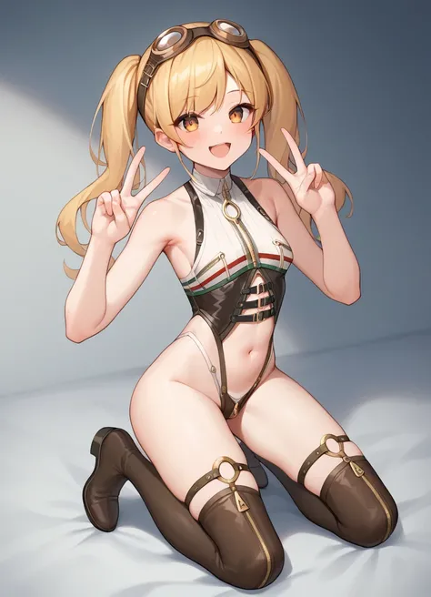 source_anime, score_9, score_8_up, score_7_up, score_6_up, score_5_up, score_4_up,
1girl, solo, long hair, looking at viewer, blush, smile, open mouth, blonde hair, thighhighs, navel, bare shoulders, twintails, :d, thighs, small breasts, kneeling, v, highl...