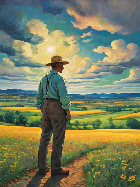 Post-impressionist oil painting of a farmer tending to his fields under a swirling, vivid sky, the bold colors and thick brushstrokes emphasizing the harmony between man and nature, by Vincent van Gogh and Paul Cézanne, cinematic composition, trending on A...