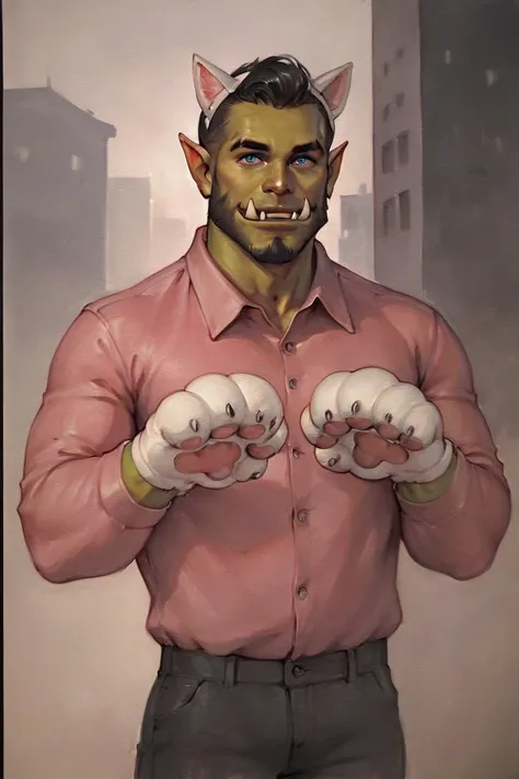 score_9, score_8_up, score_7_up, rating_safe, traditional media, realistic, orc, green skin, tusks, facial hair, beard, mustache, black hair, blue eyes, pink shirt, collared shirt, long sleeves, black pants, muscular, 1boy, solo, male focus, mature male, f...