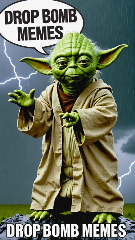 Photo of Yoda in thunderstorm with text bubble that says "drop bomb memes"