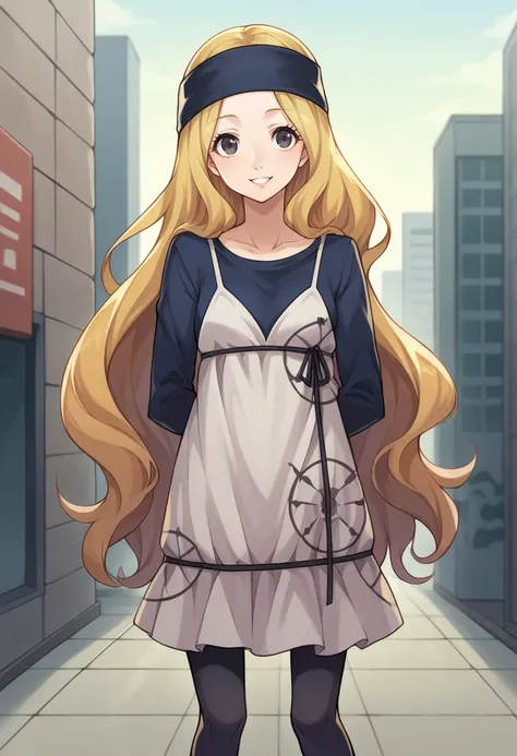 score_9, score_8_up, score_7_up, source_anime BREAK 1girl, solo,   <lora:zs_ChihayaXL:1> chihayap5, very long hair, blonde hair, headband, shirt, dress, black pantyhose, looking at viewer, smile, standing, city, shinjuku