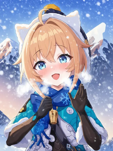 <lora:xl_Lynx Landau(a3.1):1>,Lynx Landau is a girl with short yellow hair and blue eyes,hukeyifu costume,Animal hat,1girl,solo,open mouth,looking at viewer,upper body,breath,blush,:d,outdoors,snow,snowing,reaching out,mountain,