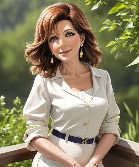 m3r1sc4s , Ultra-HD, realistic, 1woman mature, ((nature Background))