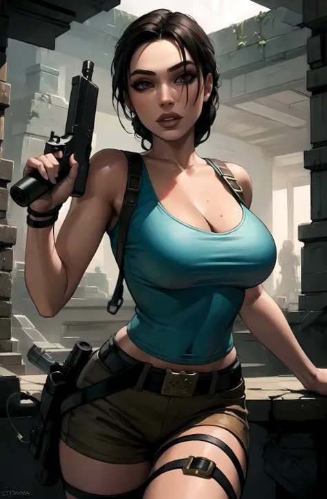 lara croft, teal tanktop, brown shorts, , cleavage, masterpiece, best quality, temple interior, holding gun, parted lips, straps...