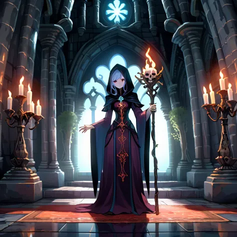 perfect face,An RPG-style necromancer, a female mage, stands in the dimly lit halls of an ancient castle. Her eyes glow with an eerie light, casting shadows across her pale, sharply featured face. Clad in dark robes adorned with arcane symbols, she holds a...