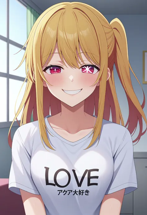 score_9, score_8_up, score_7_up, BREAK source_anime, 1girl, hoshino ruby, blonde hair, long hair, one side up, red eyes, mismatched pupils, star-shaped pupils, smile, half-closed eyes, blush, looking at viewer, using shirt with "LOVE" writing, japanese tex...