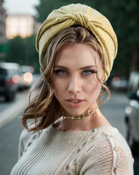 cinematic photo <lora:quiron_AnyaOlsen_v1_Lora:0.87> AnyaOlsenQuiron,  realistic, makeup, blond hair, Fighting, Futuristic Mustard Cable-knit sweater, Turban,  . 35mm photograph, film, bokeh, professional, 4k, highly detailed