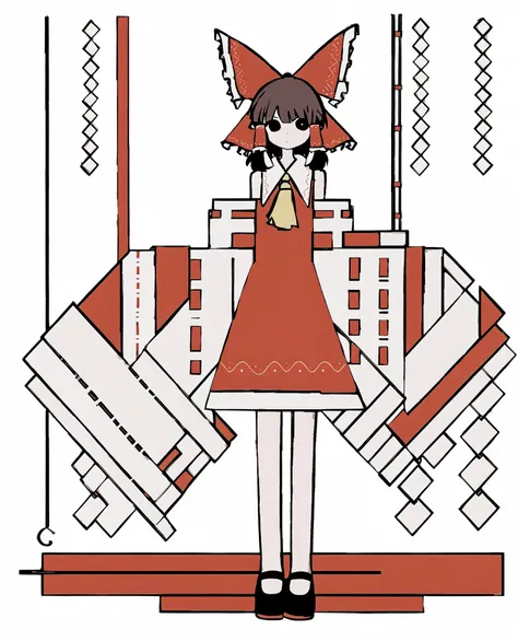 1girl, hakurei reimu, solo, bow, hair tubes, hair bow, skirt, gohei, detached sleeves, red skirt, red bow, brown hair, ascot, looking at viewer, shoes, flat color, standing, mary janes, black eyes, red shirt, sidelocks, arms behind back, shirt, wide sleeve...