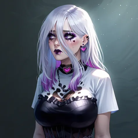 score_9, score_8_up, source_hentai, 1girl, gothic art, nsfw, solo BREAK <lora:PONY Sable Warb DBD 45 v2:1> Sable Ward, white hair with purple tips, purple eyes, goth makeup, purple mascara, large breasts, shy, looking away, full face blush, heart necklace,...