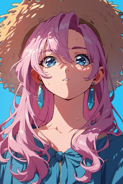 1girl,solo,jewelry,earrings,straw hat,hat,looking at viewer,blue eyes,pink hair,blue background,purple hair,long hair,portrait,hair between eyes,simple background,bangs,shadow,sweat,score_9,score_8_up,score_7_up,<lora:hrn_yc_XL_PONY:0.9>,