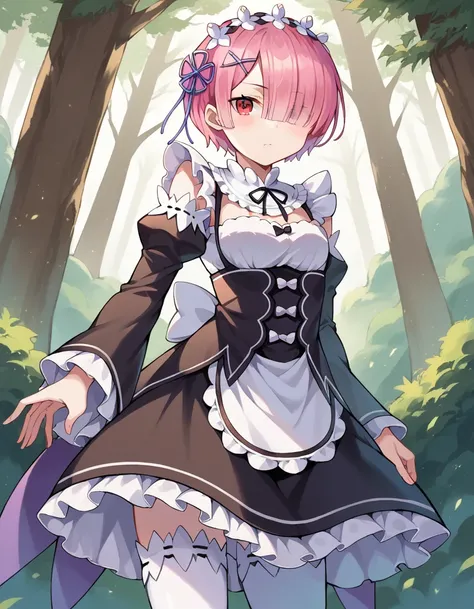 score_9, score_8_up, score_7_up, source_anime,
rezeroram, <lora:rezero-ram-ponyxl-lora-nochekaiser:1>,
ram, hair flower, hair ornament, hair over one eye, pink hair, red eyes, short hair, x hair ornament,
apron, black bow, black dress, black ribbon, bow, d...