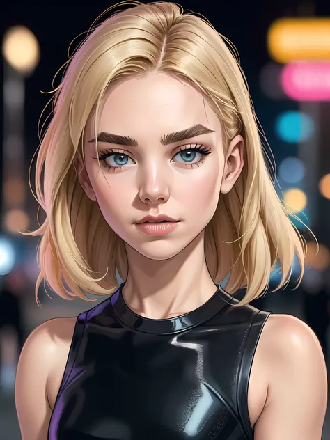 close-up portrait photo of V4n3ss4K1rby_V1-Emb , blonde hair , wearing casuals, makeup, in the middle of a busy night time street, 8k uhd, high quality, dramatic, bokeh, dramatic lighting, camera f1.6 lens , hyper realistic , lifelike texture