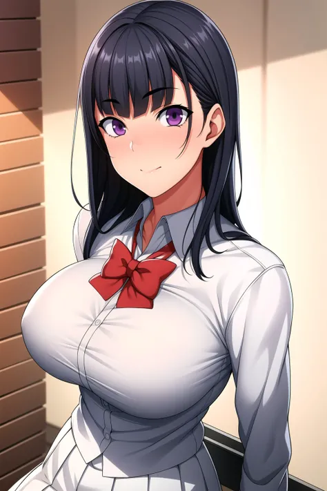 White Background,
dynamic pose,standing at attention,
red_bowtie,White_Shirt, pleated_skirt,long sleeves,
<lora:Misao_Takamine_SaiminSeishidou-KK77-V1:0.7>,
Purple eyes, Black hair,bangs,long hair,
<lora:Oda_Non_Style-KK77-V2:0.2>,<lora:SaiminSeishidou_Les...