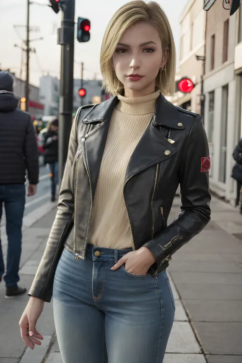 best quality,highres,masterpiece,1girl,commander7rb,<lora:commander7rb_V3-000006:0.6>,looking at viewer,street,city,leather jacket,jeans,