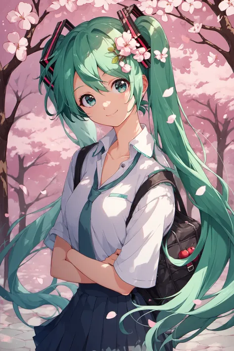 1girl,solo,hatsune miku,school uniform,green hair,cherry blossoms,hair ornament,hanami,sakura,smile,looking at viewer,score_9,score_8_up,score_7_up,<lora:hrn_yc_XL_PONY:0.9>,