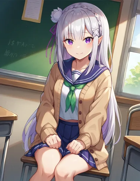 anime girl sitting on a desk in a classroom with a blackboard