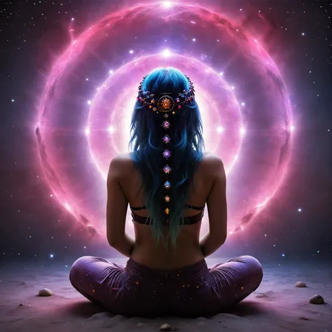 Space_In_Shell, psychodelic,in a space, A female deity with nebula-colored hair sitting with her back to the viewer, her back is covered with cosmic symbols, view from back