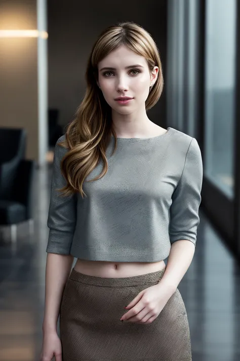 EmmaR_SoloTI_v1,
a woman, perfect hair, (A chic pencil skirt in a sophisticated hue, paired with a crisp blouse for a professional yet elegant ensemble:1.1), ((In a sleek office lobby, surrounded by sleek furniture and the soft glow of modern lighting:1.2)...