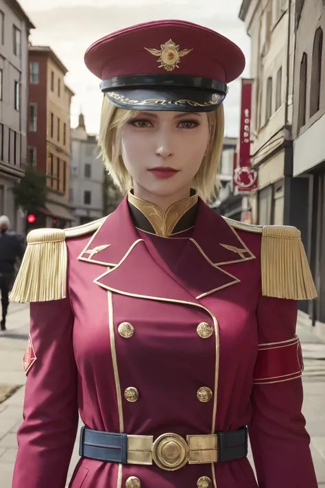 best quality,highres,masterpiece,1girl,commander7rb,<lora:commander7rb_V3-000006:0.75>,looking at viewer,street,city,military uniform,upper body,