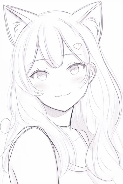 aesthetic, high quality, newest, 1girl, solo, looking at viewer, blush, slight smile, cat ears, monochrome, sketch,