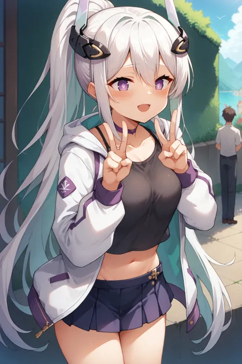 score_9, score_8_up, score_7_up, BREAK source_anime, best quality, masterpiece, <lora:Kearsarge-ayanami_azur_lane-pony:0.8> ,kearsarge_azur_lane,1girl,cute,pupils,purple eyes,long hair,white hair, ponytail,purple headgear,purple choker,open white jacket,bl...