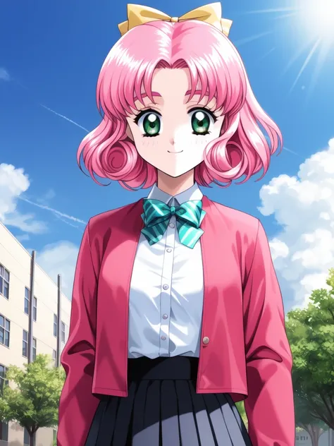 <lora:Minagawa_Nana:0.8>, MinagawaNana, 1girl, soro, pink hair, green eyes, hair bow, short hair, curly hair, outdoor, sky, school,
 smile, bow, looking at viewer, shirt, skirt, jacket, upper body, 1990s (style), retro artstyle, blue bow, ribbon, white shi...