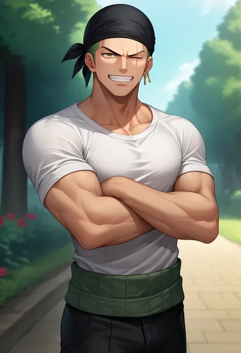 score_9, score_8_up, score_7_up, source_anime, solo, male focus, 1boy, roronoazoro, muscular, scar across eye, grin, looking at viewer, crossed arms, black bandana, one eye closed, white shirt, haramaki, short sleeves, black pants, single earring, outdoors...