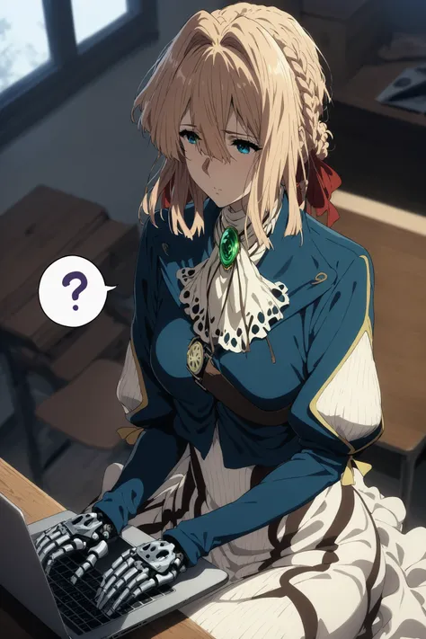 masterpiece, best quality, very aesthetic, absurdres, aave, braid, hair ribbon, red ribbon, jewelry, white ascot, brooch, blue jacket, long sleeves, mechanical hands, white dress, long dress, violet evergarden, <lora:violet_evergarden_XL_v1(anima):0.9>, in...