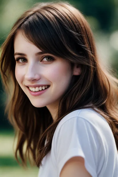 EmmaR_SoloTI_v1,PA7_Portrait-MCU,(big smile, teeth), a woman, perfect hair, (A carefree ensemble capturing the essence of a worry-free girl, featuring a loose-fitting t-shirt in a vibrant color, paired with comfortable denim shorts and playful sneakers:1.1...