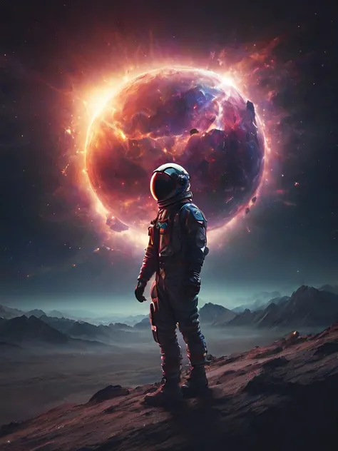 A powerful scene of an astronaut witnessing a supernova explosion from the safety of their spacecraft, the brilliant colors and light of the dying star reflecting off their suit and helmet.