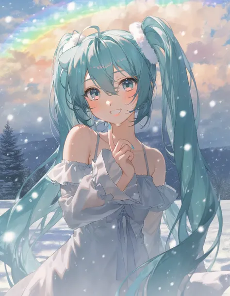 1girl, solo, hatsune miku, aqua hair, aqua hair, upper body, white dress, off shoulder, looking at viewer, smile, blush, snow, snowing, outdoors, cloudy sky, blue sky, rainbow gradient, beautiful color, detailed, aesthetic, (amazing quality:1.5), <lora:lif...