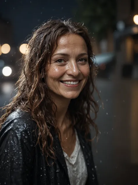 (((cinematic closeup photo mature older happy smiling hippie woman in rain, (wet very long messy hair:1.3), sweat stains, night paris street, simple background . 35mm photograph, film, bokeh, professional, 4k, highly detailed
))) !