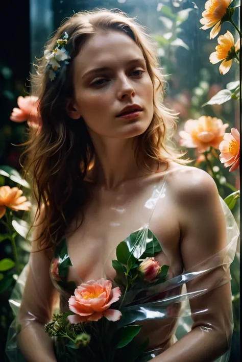 RAW Photography,a professional model with pale skin posing for a fashion photoshoot. she is entirely wrapped in transparent film, with tons of flowers under the film covering her skin. the shot is a mid-body shot., (sharpness in detail:1.1), Canon EOS 5D M...