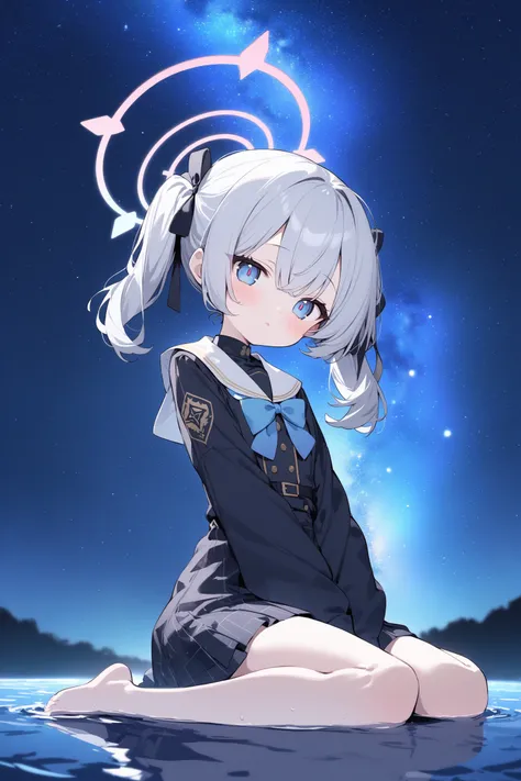 cute 1girl,(blue archive), blue archive, azusa ,white hair, blue eye,sitting on waters surface,wariza,(Magnificent view:1.4),full body,head tilt,looking at viewer,(cowboy shot),late at night,(starry night sky:1.2),Nebula, clear sky,blurry,(depth of field:1...