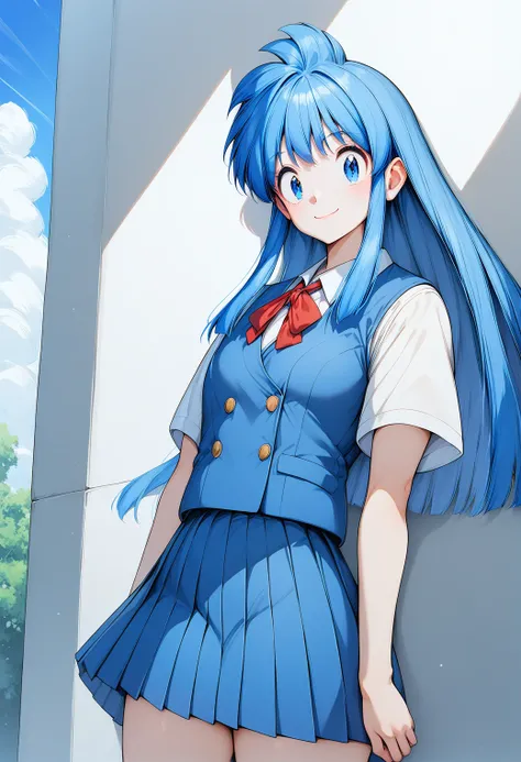 1girl, cowboy shot, (outdoors:1.2), lite smile, (sky:1.2), sunlight, looking at viewer,
okinu-chan, blue eyes, blue hair, sidelocks, long hair, school uniform, blue vest, collared shirt, short sleeves, pleated skirt, blue skirt,  <lora:okinu-chan_pony_ver1...