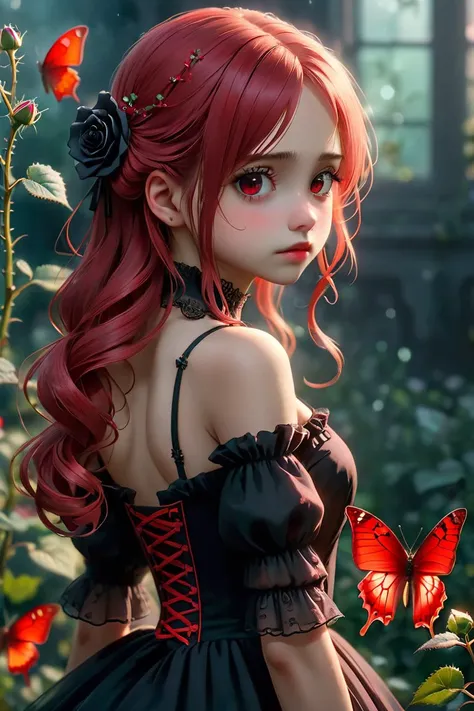 (score_9,score_8_up,score_7_up),year 2023,1girl,solo,red and black theme,strong picture,dark,upper body,side_face,sad,parted_lips,looking back,floating hair,black dress,bare shoulders,delicate and beautiful eye,gothic_lolita,black rose,thistles and thorns,...