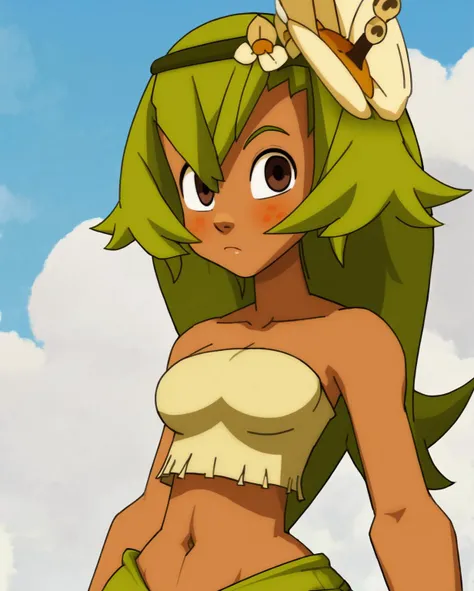 score_8_up, score_7_up, score_6_up, score_5_up, score_4_up, anime screenshot
<lora:AmaliaXL:0.7> 1girl, solo, dark-skinned female, bare shoulders, green hair, amaliayoung, long hair, breasts, hair flower, navel, strapless, 

<lora:Wakfu (Autism XL):0.9> wa...