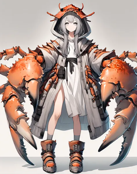 1girl, (solo:1.5), hood, (hood up:1.5), helmet, (light grey hair:1.5), (light grey eyes:1.5), light grey skin, looking at viewer, white robe, full body, transparent boots, wearing shoes, antenna
<lora:kaniishou_xl_v1:1>, kaniishou