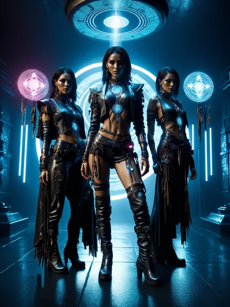 cinematic shot, dramatic lighting, futuristic basement magic ritual, 3women, mad-cybrshmn, ornated clothing, magic glow,  bone, gems, shaman,  dark hair, (magic circle on on ground:1.3), rain, cyberpunk, hologram,dynamic pose <lora:Neon_Cyberpunk_SDXL_Cybe...