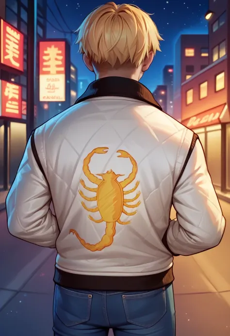 score_9, score_8_up, score_7_up, source_anime BREAK 1boy, solo, blonde hair, short hair, <lora:drivejacket-outfit-richy-v1_pdxl:1>  print jacket, white jacket, from behind, jeans, dark, darkness, city, night, night sky