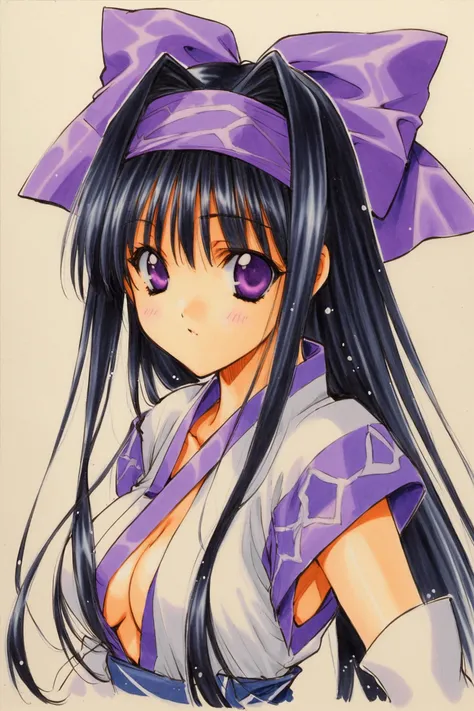 Rera,1girl,solo,breasts,long hair,black hair,bow,medium breasts,purple eyes,cleavage,purple hairband,hair bow,ainu clothes,gloves,traditional media,<lora:Aoi Nanase_XL:0.9>,