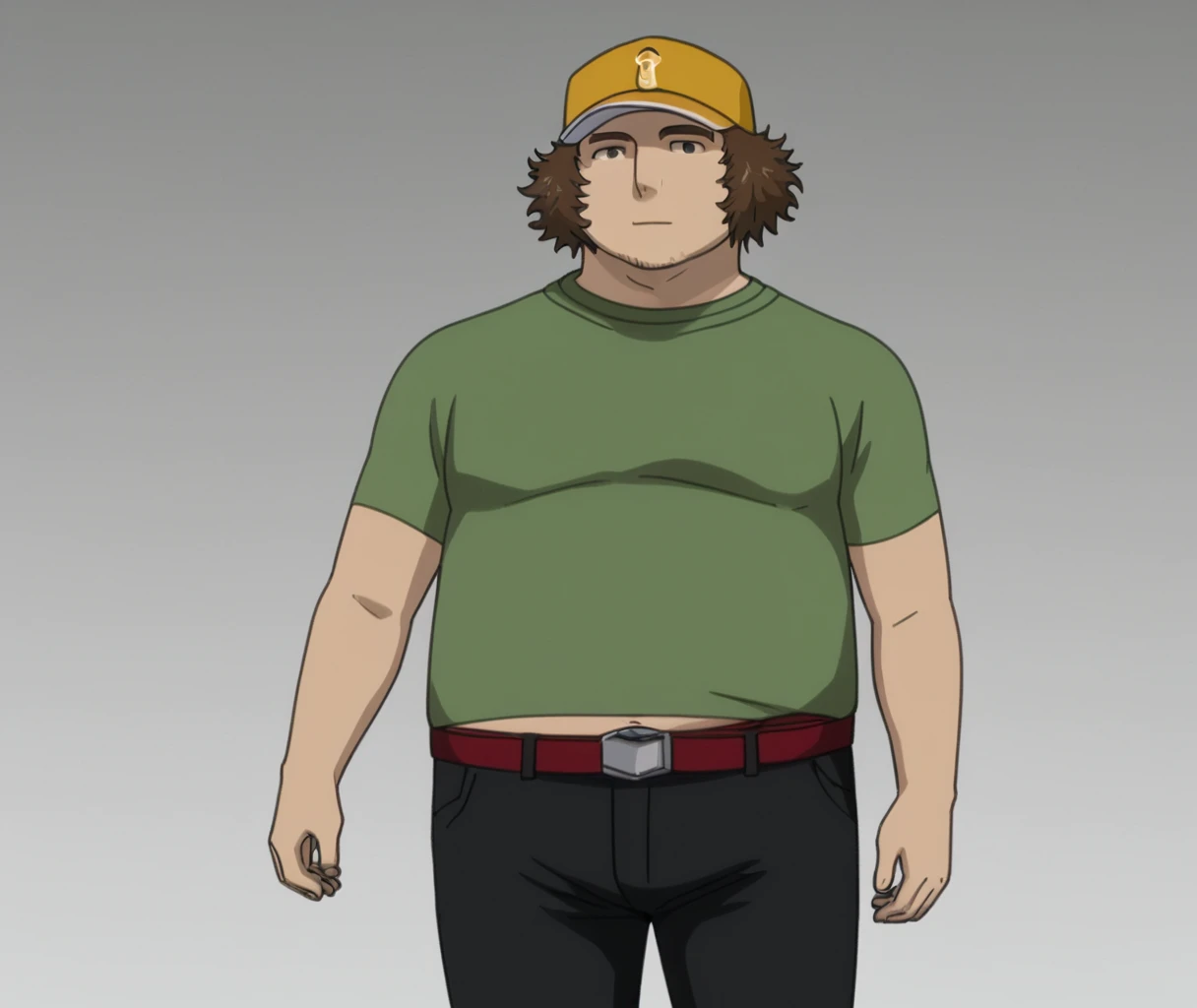 <lora:hashida itaru:1> hashida itaru, 1boy, baseball cap, belt, brown hair, facial hair, green shirt, hashida itaru, hat, male focus, pants, parody, shirt, short hair, solo, t-shirt