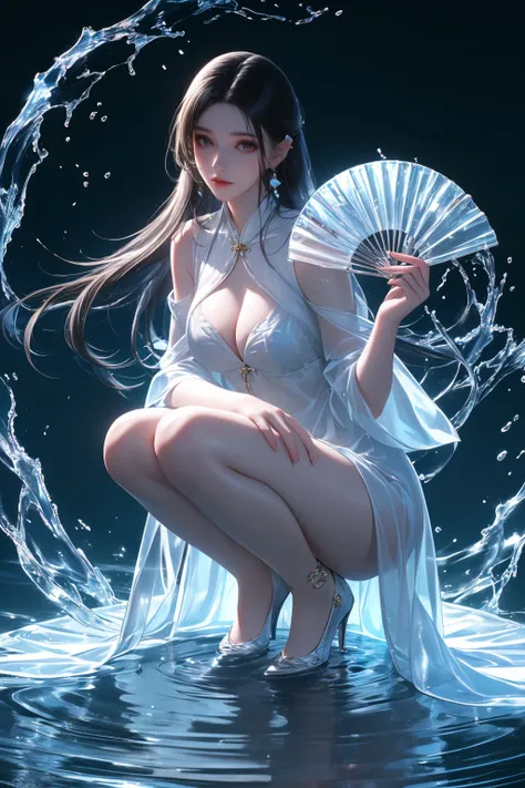 yushuishan, 1girl, water, high heels, solo, hand fan, bare legs, dress, long hair, white dress, black hair, squatting, breasts, jewelry, full body, holding, splashing, black background, earrings, white footwear, ripples, chinese clothes, holding fan, cloth...