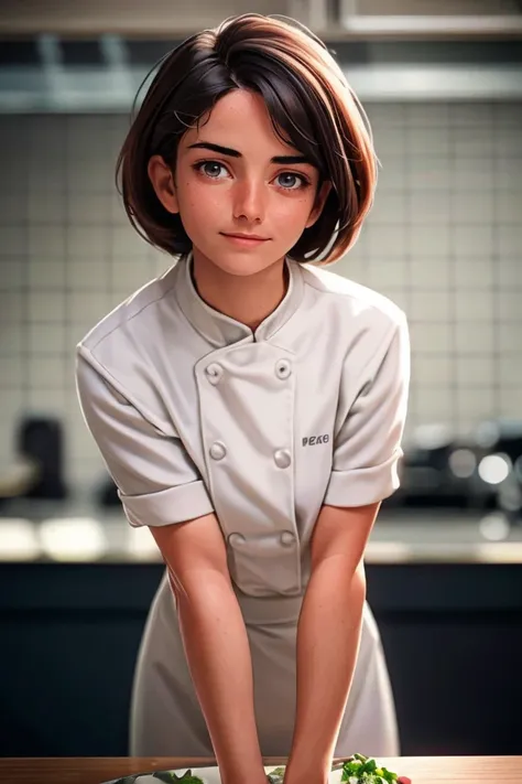 1girl, solo, portrait, chef, at kitchen, bend over the table, smirk, (looking at viewer:1.2), focus on face, symmetrical angle, blurry background, bokeh, chromatic aberration, depth of field, female focus, masterpiece, best quality, ultra-detailed, ultra h...