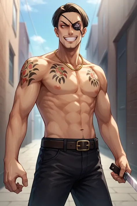 score_9, score_8_up, score_7_up, BREAK, 1boy, solo,  <lora:majima-guy-PONYv1:.95>, majima, majimaDEF, eyepatch, tattoo, black pants, belt, necklace, alley, evil grin, fighting stance, holding knife, topless male,