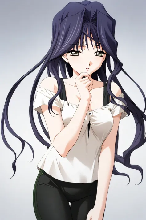 1girl,Amamiya Mizuho,whitemizuho,white off shoulder top,black shoulder strap,frills,green striped leggings,masterpiece,best quality,solo,very aesthetic,absurdres,game cg,(detailed beautiful eyes:1.2),(beautiful face:1.2),simple background,white background,...