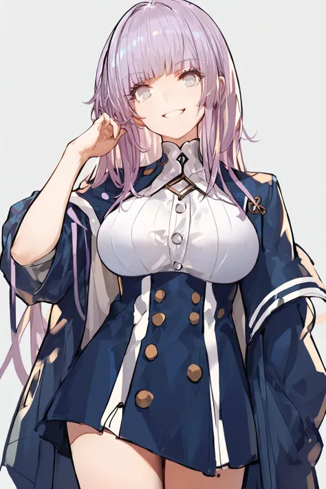 score_9, score_8_up, score_7_up, 1girl, looking at viewer, pinky swear, smile, light purple hair, round fringe, silver eyes, breasts, light blue suit jacket, sunbeam, aqueduct, wide angle <lora:kincora_PonyXL_style_v02:1>